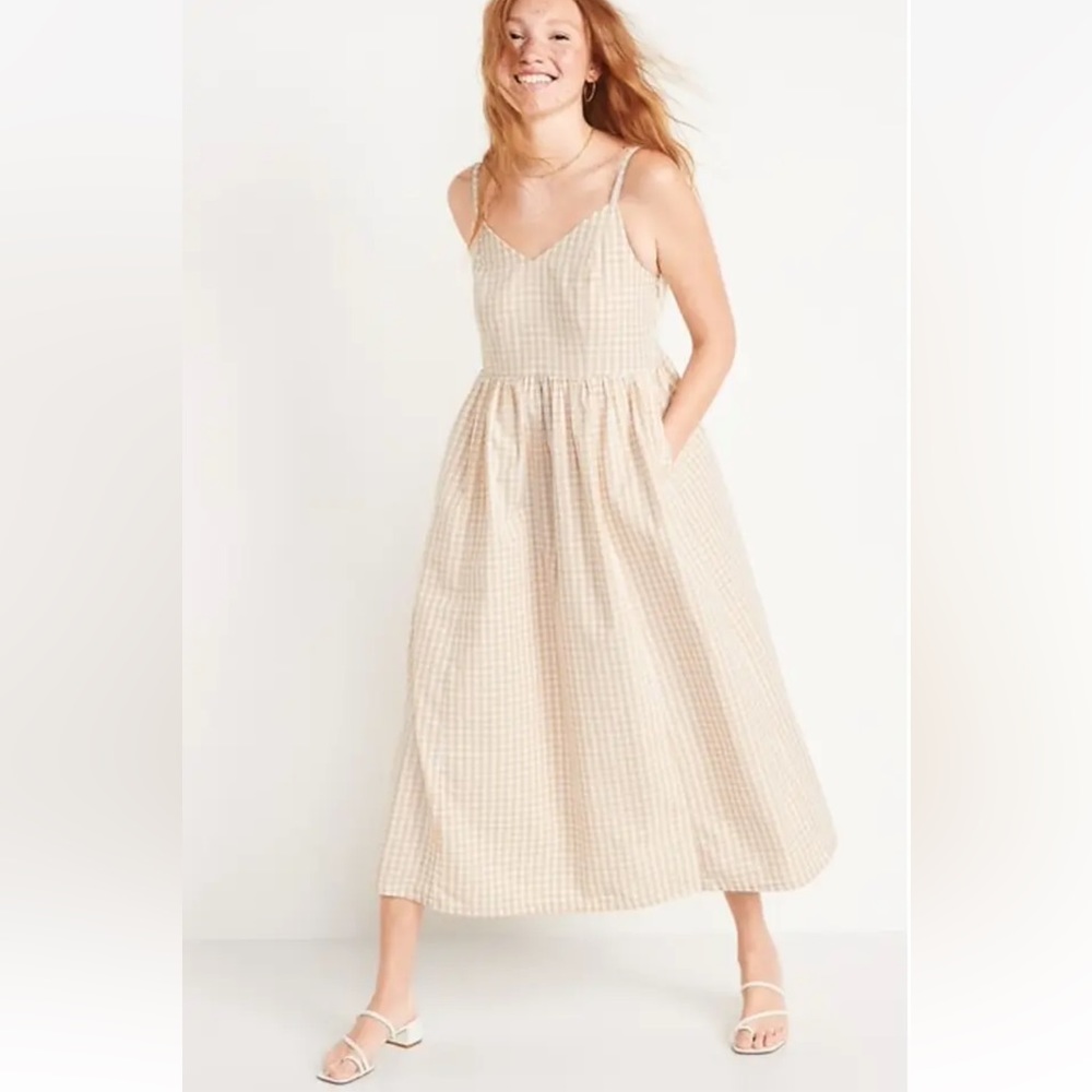 Old Navy Tan White Gingham Cotton Poplin V Neck Maxi Cami Dress L